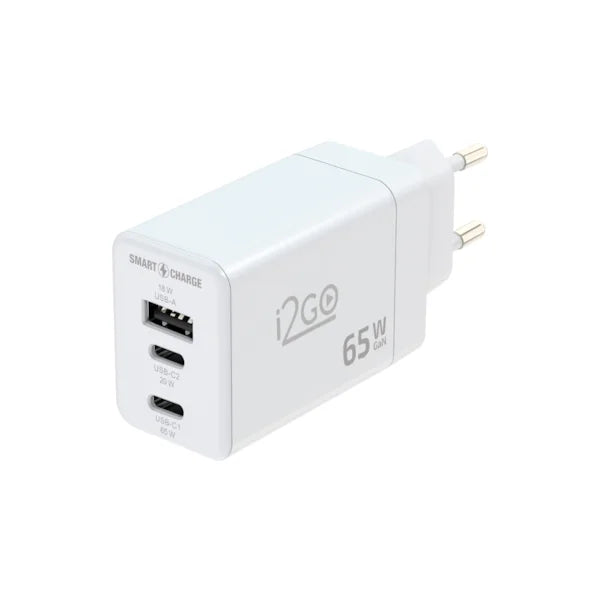 Carregador de Parede Ultra Rápido i2GO Power Delivery com 1 Saída USB-C 65W + 1 Saída USB-C 20W + 1 Saída USB-A 18W