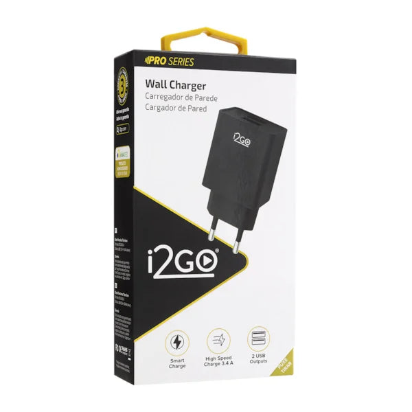 Carregador de Parede com 2 Saídas USB i2GO Entrada 100-240V Saída 5V-3,4A