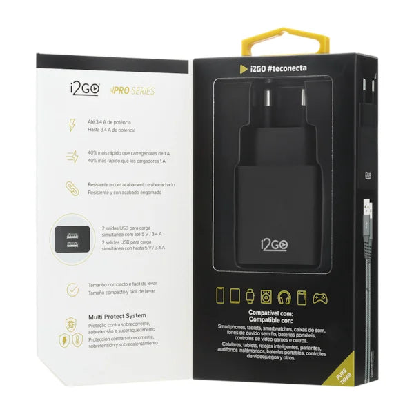 Carregador de Parede com 2 Saídas USB i2GO Entrada 100-240V Saída 5V-3,4A