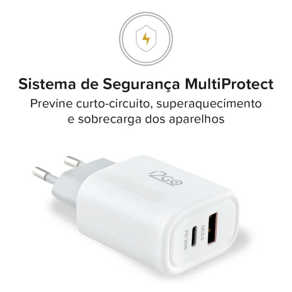 Carregador de Parede Ultra Rápido com 1 Saída USB-C Power Delivery 20W + 1 Saída USB-A 18W