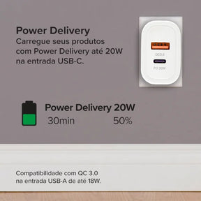 Carregador de Parede Ultra Rápido com 1 Saída USB-C Power Delivery 20W + 1 Saída USB-A 18W