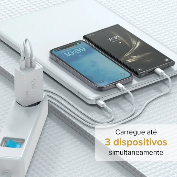 Carregador de Parede Ultra Rápido i2GO Power Delivery com 1 Saída USB-C 65W + 1 Saída USB-C 20W + 1 Saída USB-A 18W